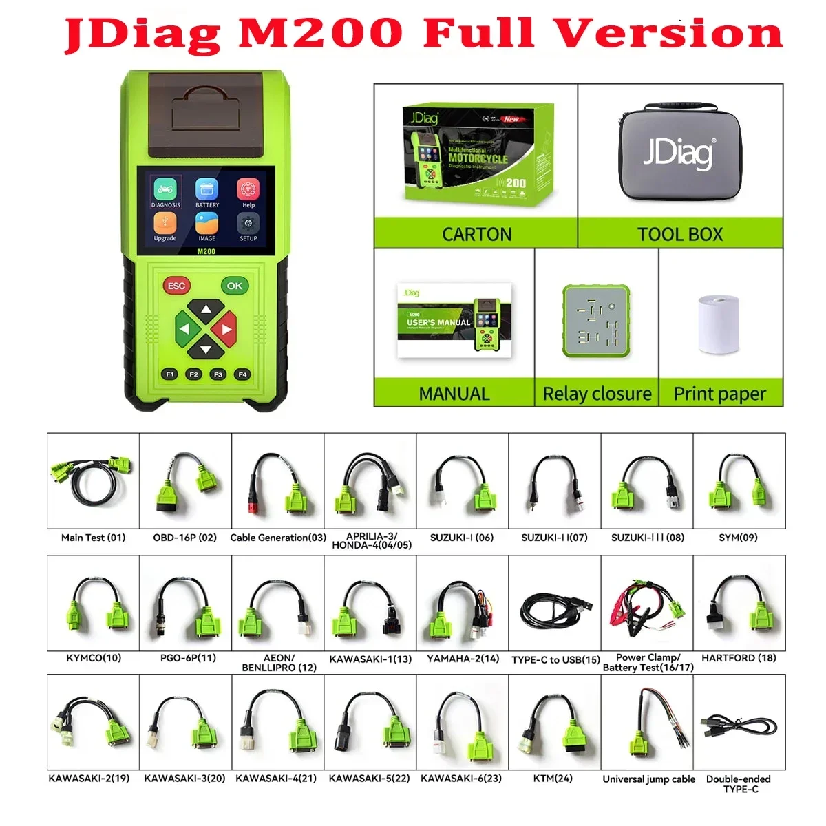 JDiag M200 Motorcycle Diagnostic OBD2 Scanner Moto Fault Code Reader Battery Tester Motoscan Tools for Yamaha Kawasaki Honda BMW