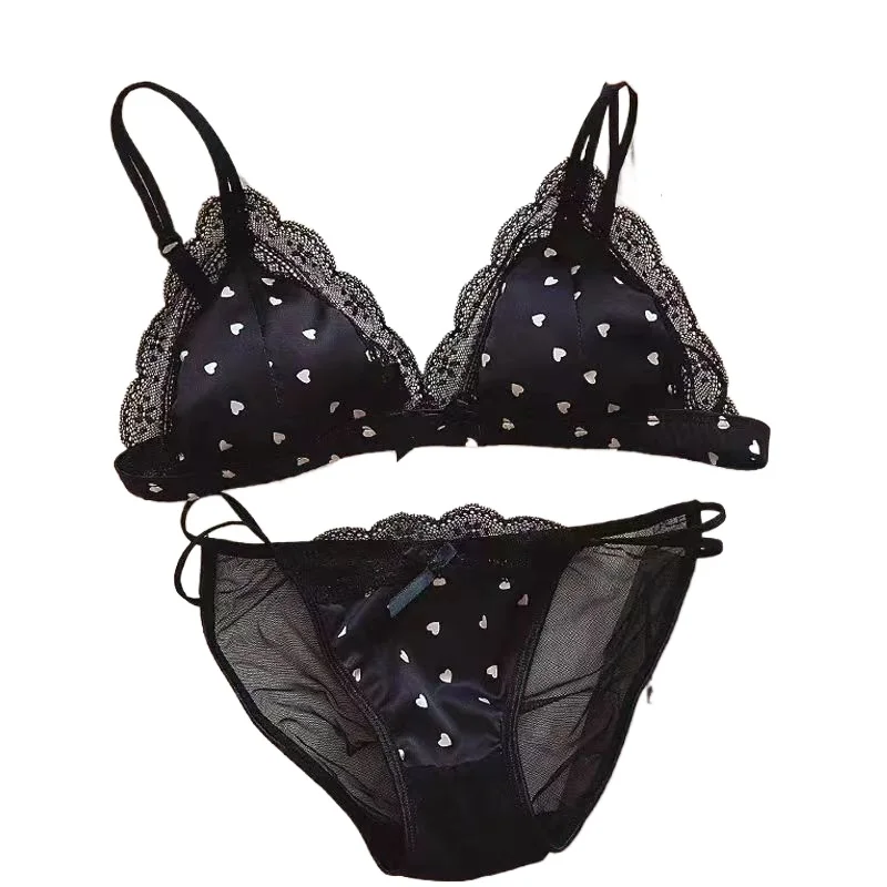 KUCLUT French simple sexy lace non-underwire triangle cup thin bra big chest small top support anti-sagging underwear set