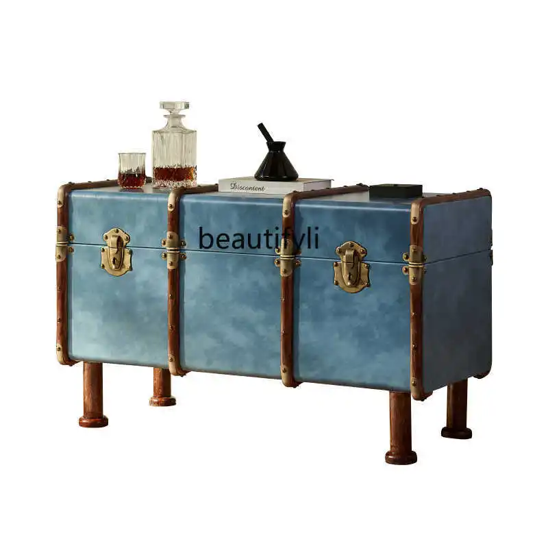 

French antique coffee table solid wood, rattan suitcase leather retro leather case, classic American decorative cabinet