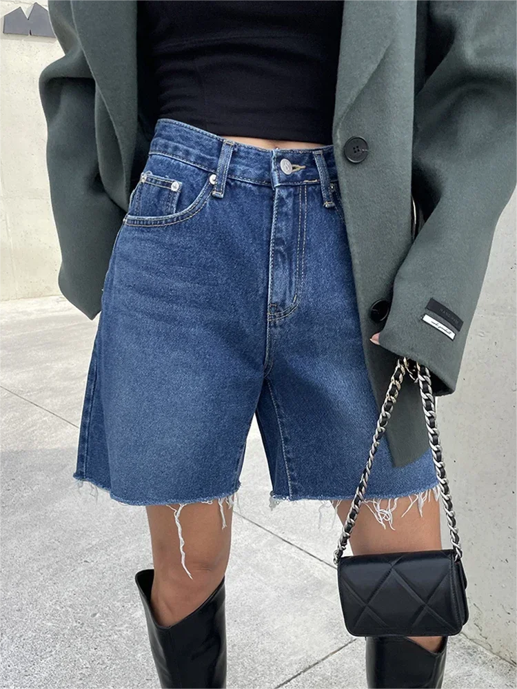 Summer Blue Ragged Edge Retro Versatile Denim Shorts Women's New Korean Fashion High Waist Straight Simple Women's Short Jeans