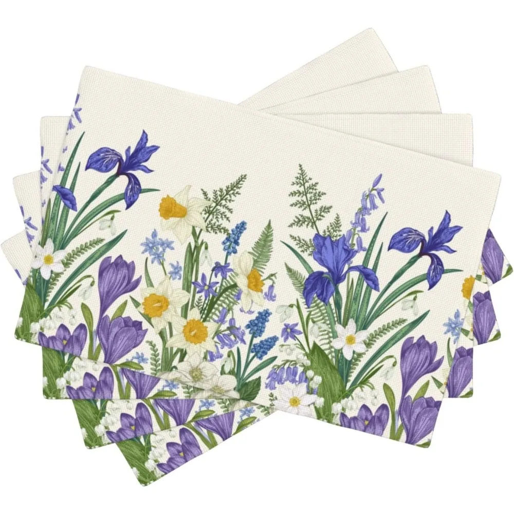 Spring Flowers Placemats For Kitchen Summer Iris Crocus Snowdrop Floral Botanical Theme Linen Place Mats Set Of 4