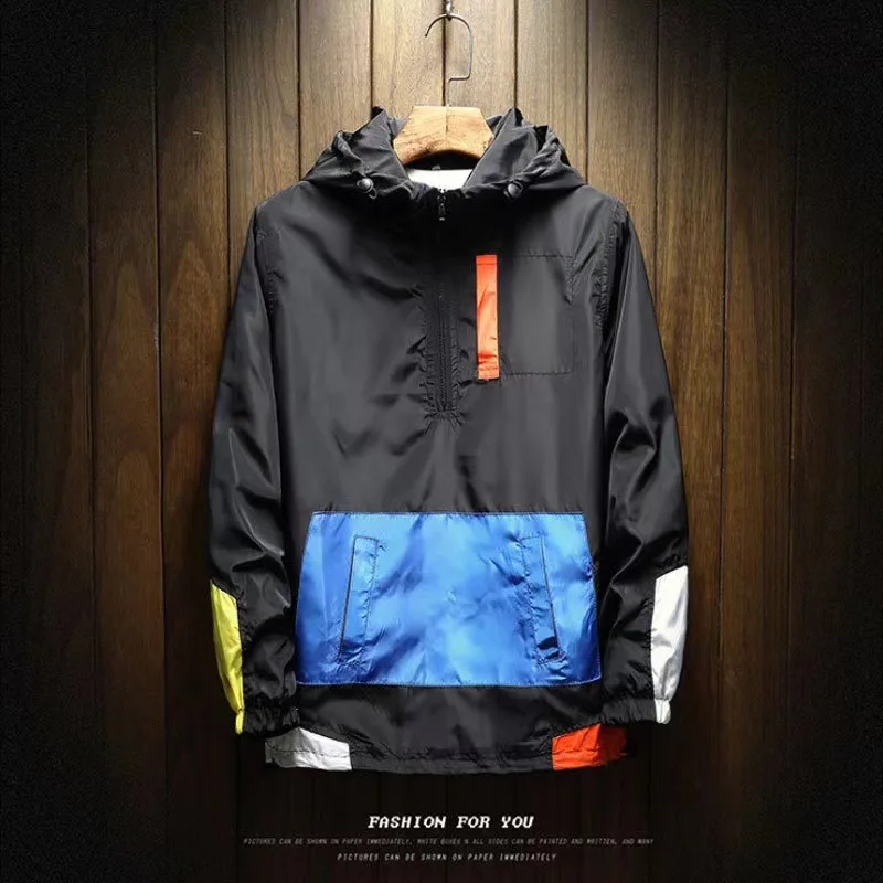 Image of 2026 Herbst Herren Farbblock Kapuzen-Windbreaker Pullover Schnelltrocknend Atmungsaktiv Leicht Outdoor Radfahren Wandern Reisen Freizeitjacke