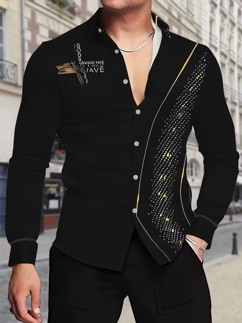 Men's geometric gradient wave shirt button up shirt casual long sleeved fashionable 3D elephant print collar shirt