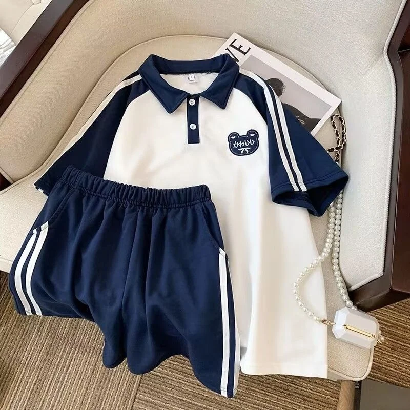 

Летний спортивный комплект для девочек: повседневная футболка с коротким рукавом и шорты, двухсоставный костюм из хлопка, свободный крой для подростков