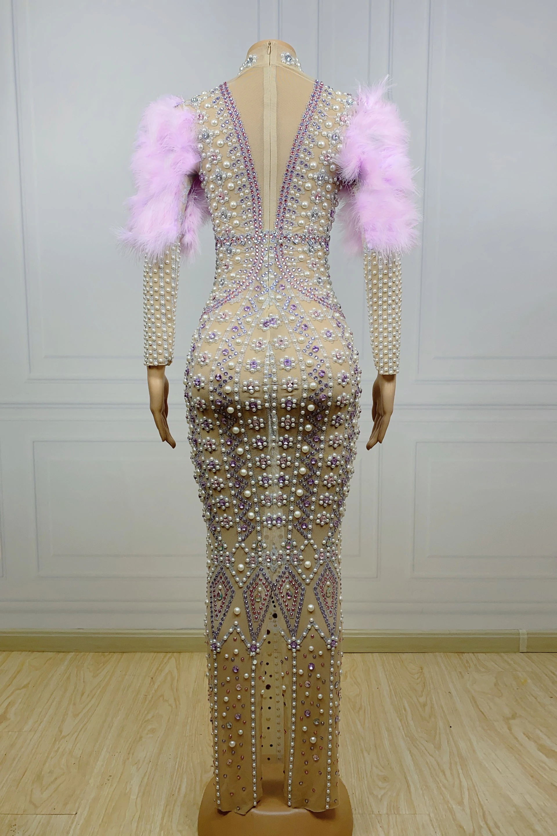 Party Banquet Pearls Evening Dresses Singer Performance Stage Costume Drag Queen Clothes Feather Rhinestones Long Dress yj010