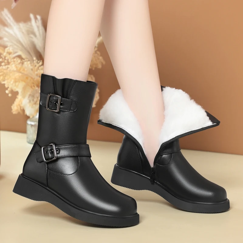 

AIYUQI Women's Winter Wedge Boots 2025 New Natural Wool Warm Mid-calf Boots Genuine Leather Buckle Women's Riding Boots