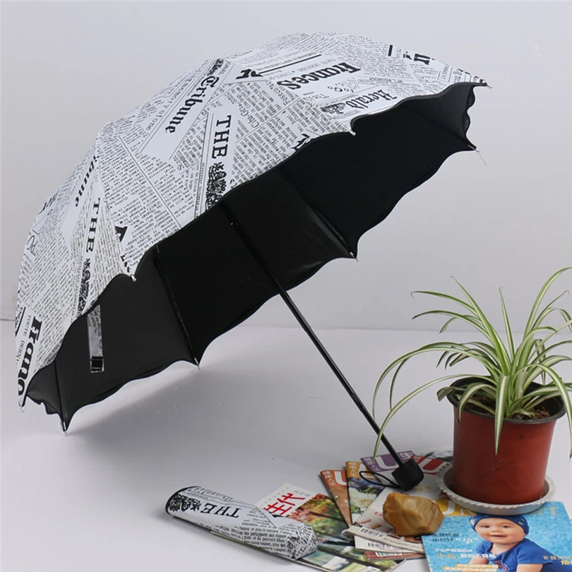 Newspaper Printing Three Folding Umbrellas Woman Lady Princess Dome Parasol Sun Rain Umbrella Flouncing Folding Lotus Leaves