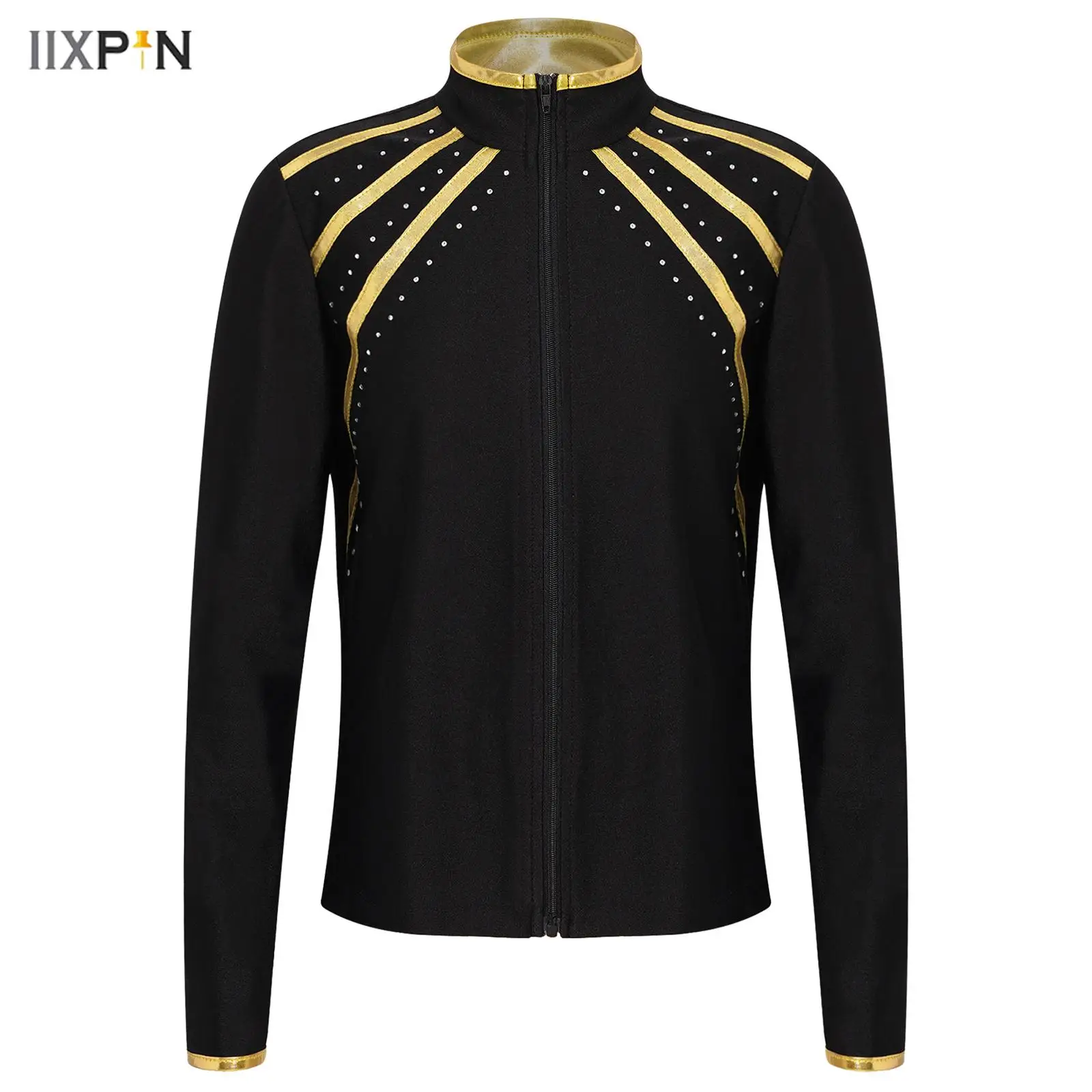 

Kids Girls Jacket Figure Skating Gymnastics Workout Costume Shiny Rhinestones Metallic Striped Long Sleeve Zipper Top Sweatshirt
