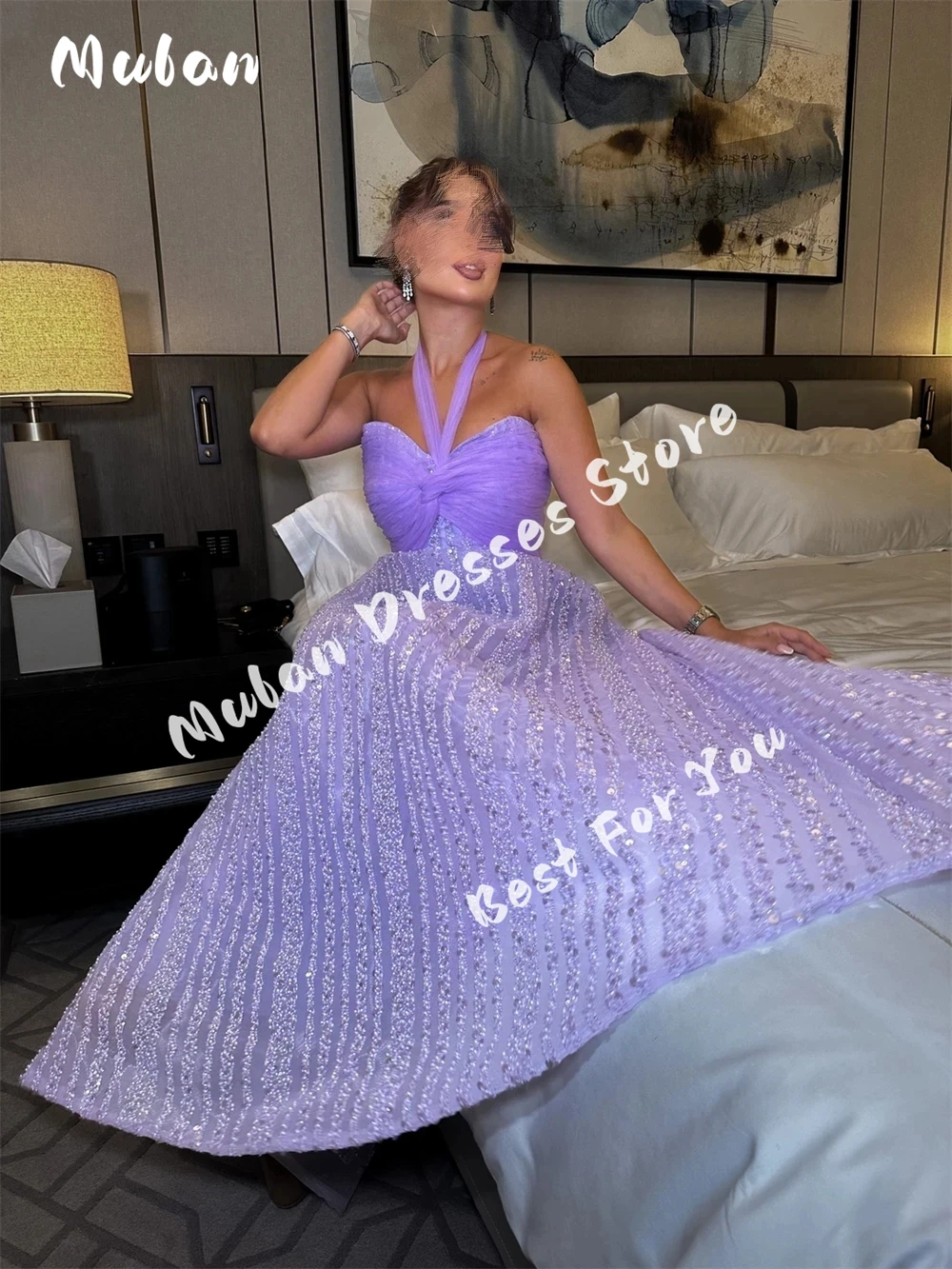 

Customized Sparkling Halter Lilac Prom Dress Sequin Tulle Party Evening A Line Floor Length Sleeveless Special Occasion Gown