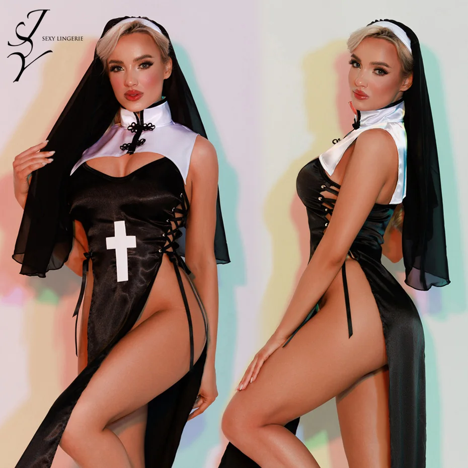 

JSY Sexy Nun Uniform Cosplay Lingerie Women Underwear Set Black Bondage Dress Babydoll Nightgown Sleepwear Sexy Role Play Outfit