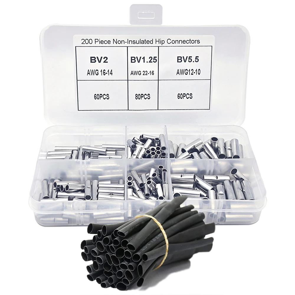 

200pcs 22-10 Gauge Uninsulated Butt Connector Kit,Non Insulated Electrical Wire Crimp Ferrule Terminals +45pcs Heat Shrink Tube