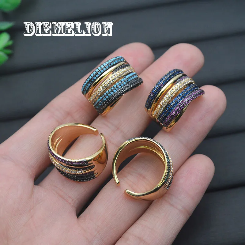 Luxury Designer Two Tone Gold Plated Micro Full Colorful CZ Rings for Women Geometry Shape Multi Layer Adjustable Big Ring