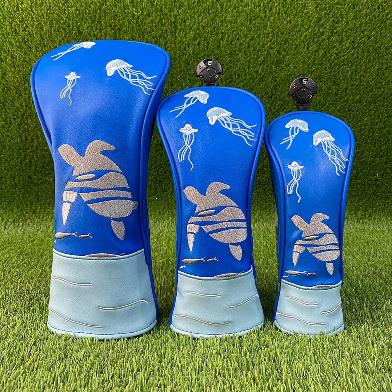 Ocean-themed Embroidery Golf Club Head Covers Driver/Fairway/Hybrid Club Protector PU Leather Headcover