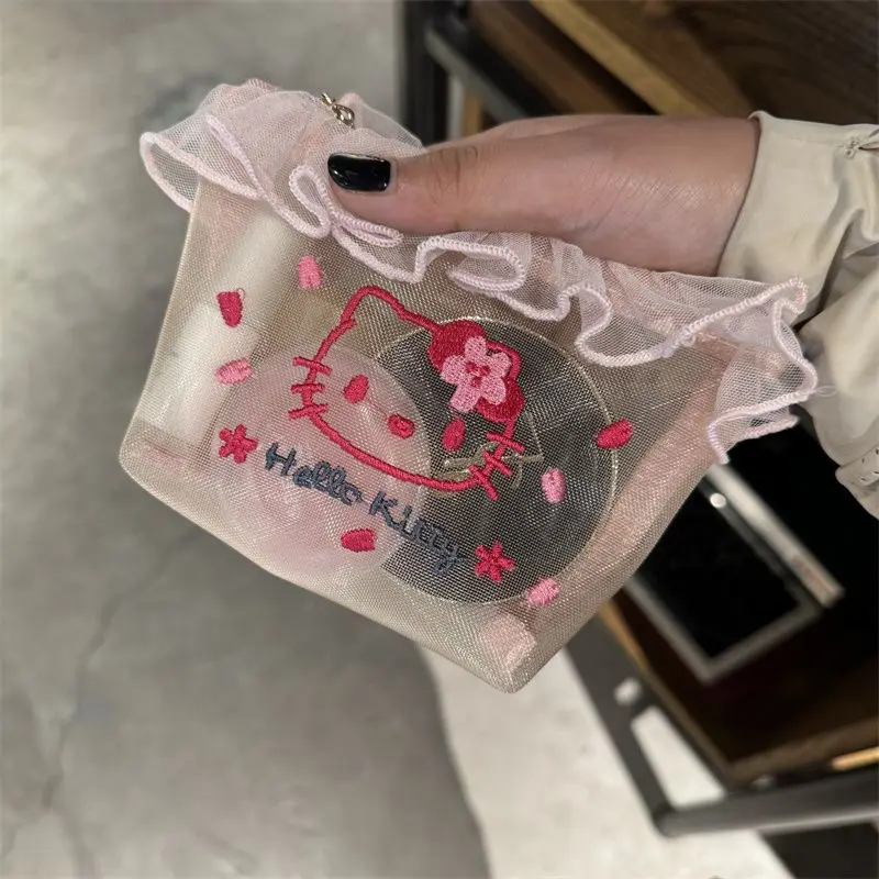 Hello Kitty Anime Kawaii MINISO Ins Embroidery Coin Purse Cute Kt Cat Portable Makeup Bag Zipper Bag Fashion Gifts for Girls