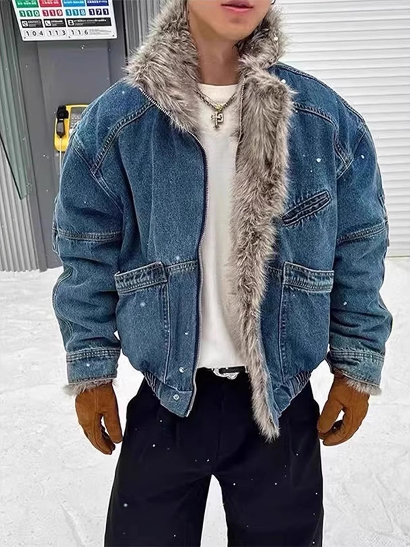 

Retro American Waed Leather And Fur Inteated Denim Cotton Jaet for Men Winter Heavy Design Sense Fur Collar Pilot Coat