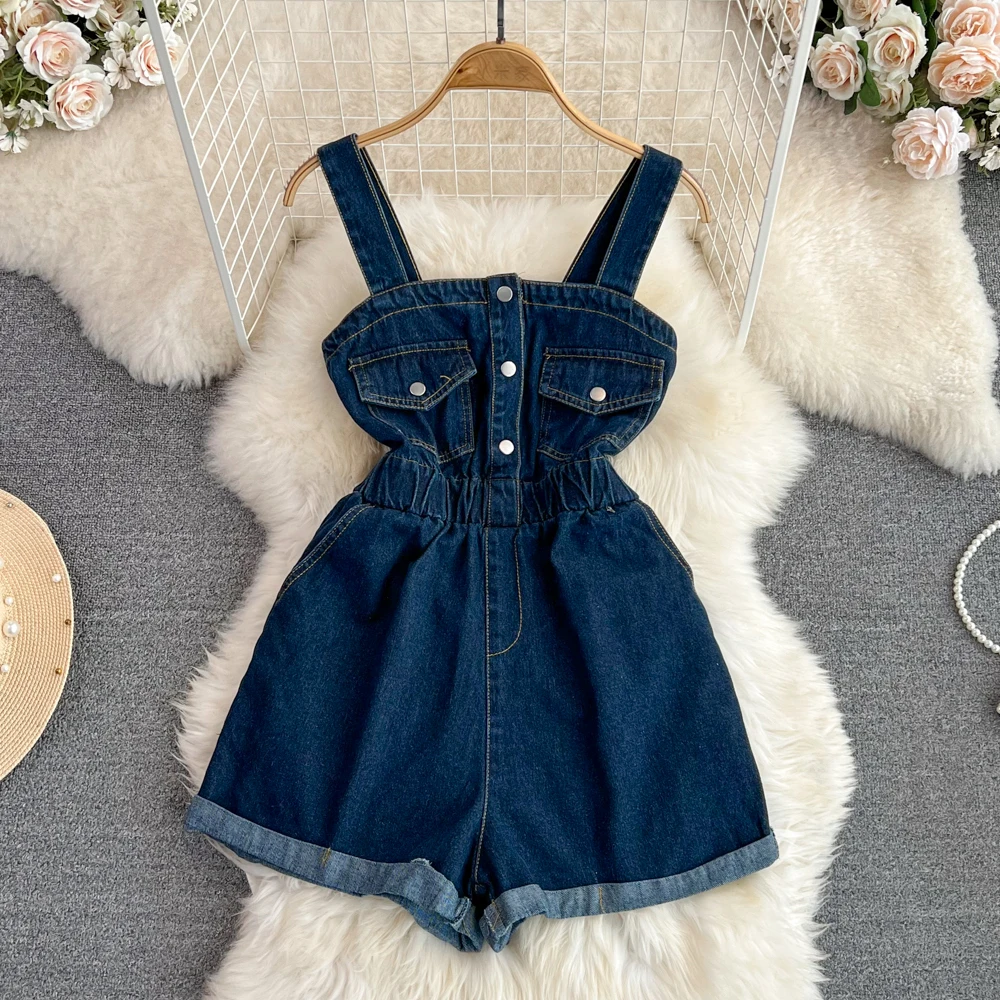 

Vintage Cargo Denim Overalls Shorts Summer Korean Style Skinny Suspenders A-Line Wide Leg Pants Casual Women Playsuits