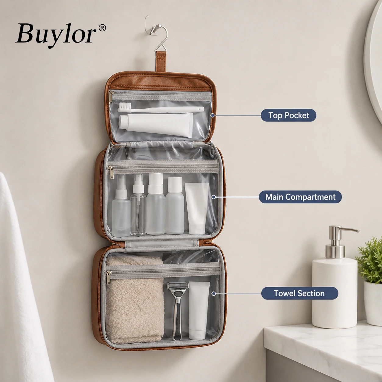 Mens Large Hanging Toiletry Bag Vintage Brown PU Leather Portable Makeup Organizer With Hook For Business Travel Husband Gift