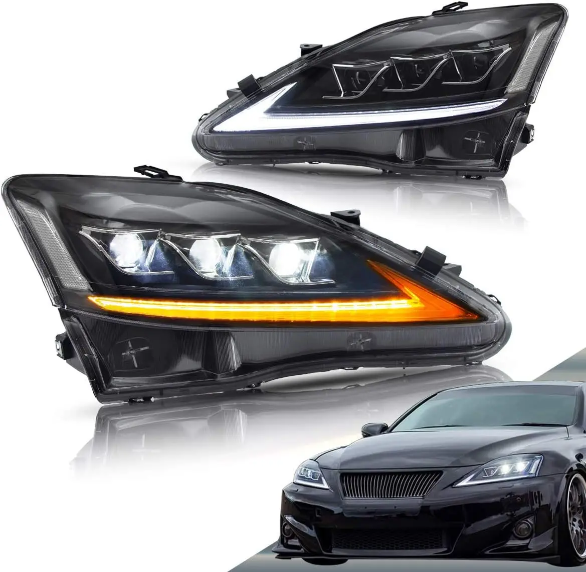 Led Headlights For Lexus IS250 IS250C IS350 IS350C 2006-2012 ISF 2008-2014 With Sequential Indicator Projecctor Clear Reflector