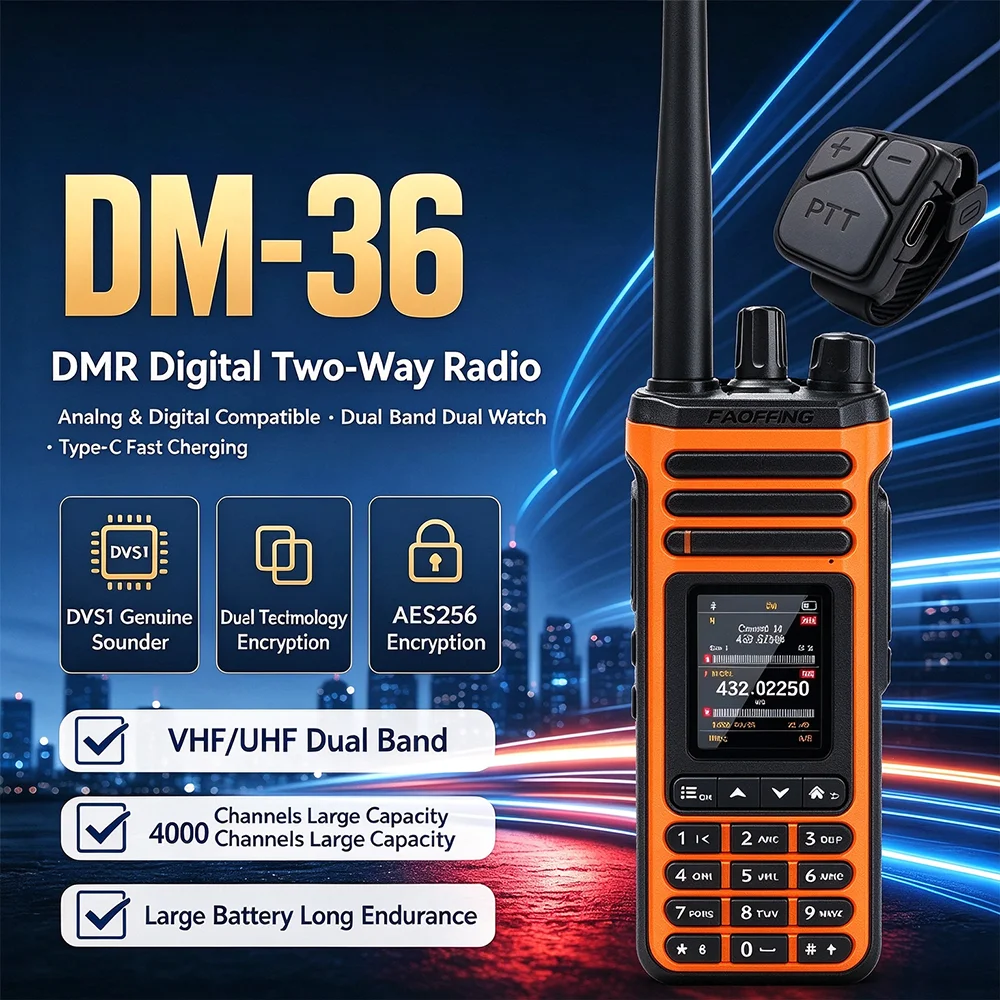 BAOFENG DM-36 with PPT Ring, DMR Digital/Analog Dual-Mode Handheld Radio, One-Key Scan & Bluetooth Programming for Road Trip