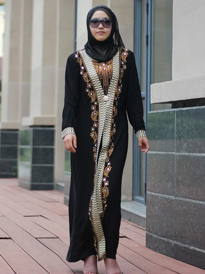 Abito Muslimano Abaya Con Paillettes E Maniche A Tromba – Elegante Abito Lungo Dubai Style Per Matrimoni E Feste, Taglia Unica