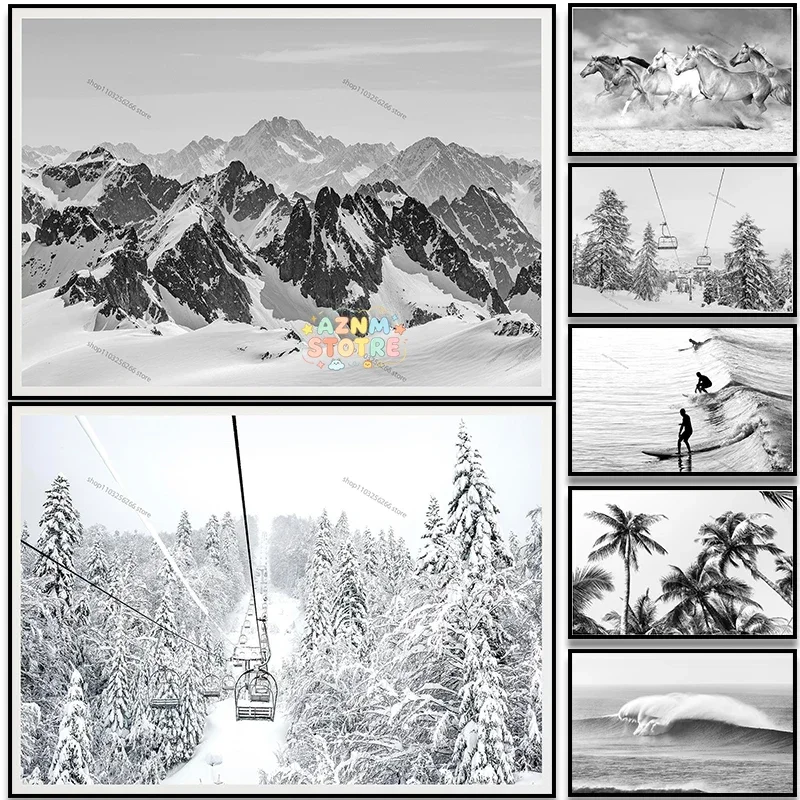 Black and White Winter Snow Mountain Ski Lift|Alps Ski Labdscape Poster Canvas Painting Wall Art Gift for Living Home Decorat