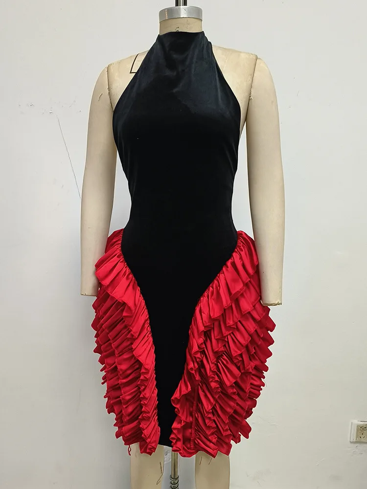 

Women’s Black and Red Halter Neck Velvet Bodycon Dress with 3D Ruffled Skirt Latin Dance Performance Outfit