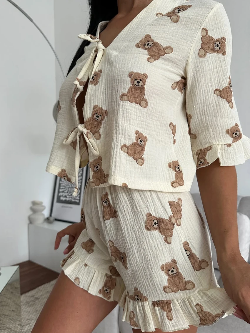 Martahqiqi Casual Women Nightgowns 2 Piece Set V-Neck Pajamas Long Sleeve Nightie Lace Up Sleepwear Shorts Printing Home Clothes