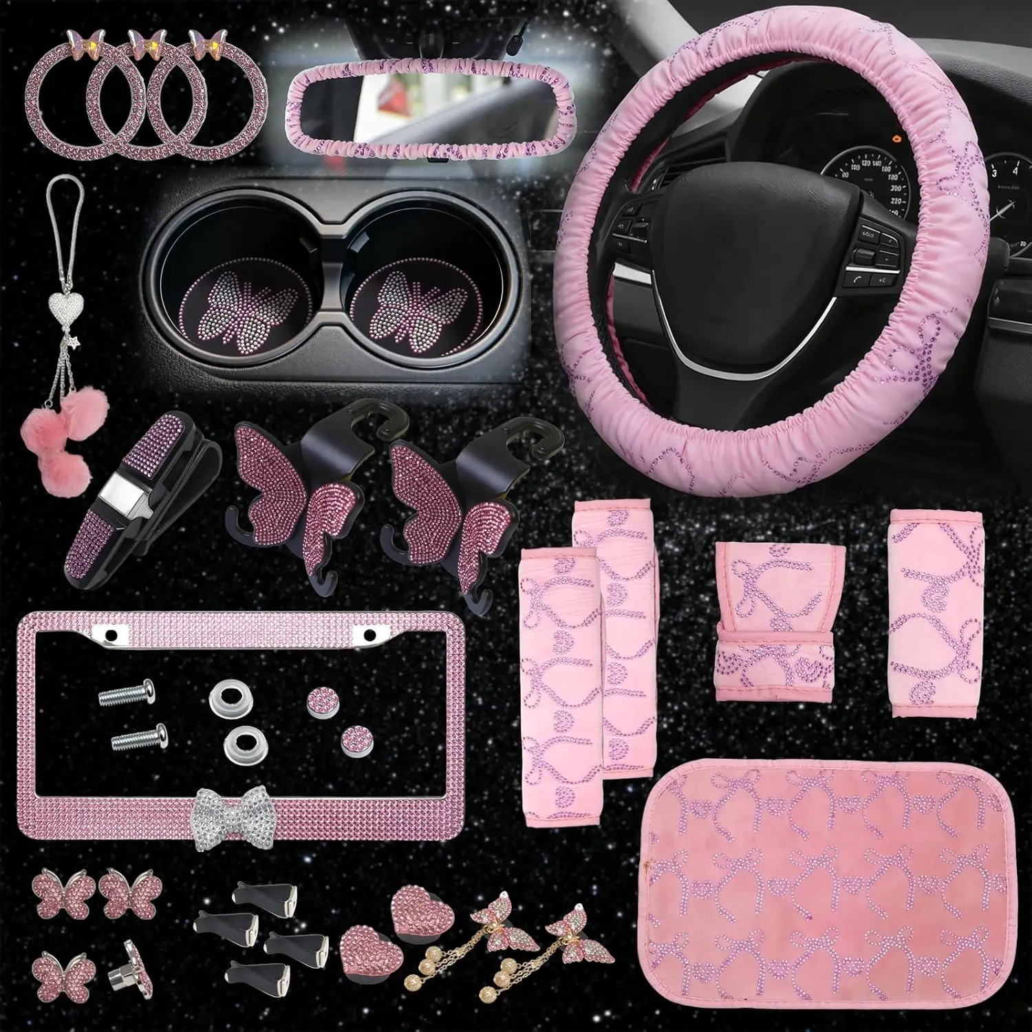 

25 Pcs Pink Butterfly Car Accessories Set: Steering Wheel Cover, License Plate Frame, Coasters - Universal Fit for Women