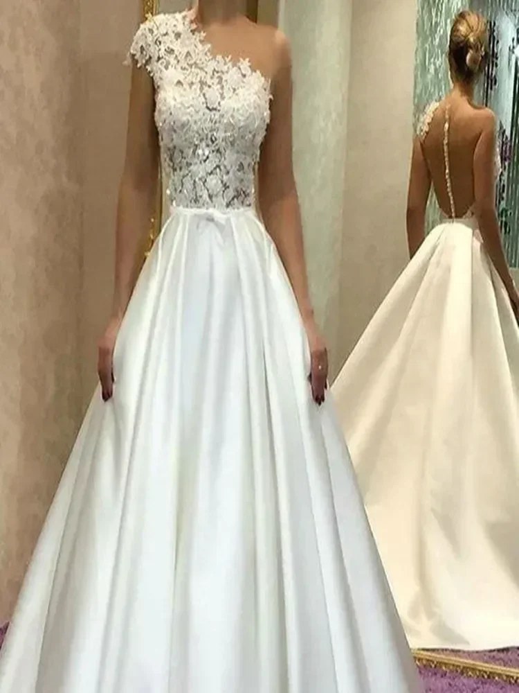 تخصيص أحدث واحد الكتف الدانتيل زينة فساتين الزفاف سويب تراين رداء دي ماري 2025 الساتان ألف خط زي العرائس