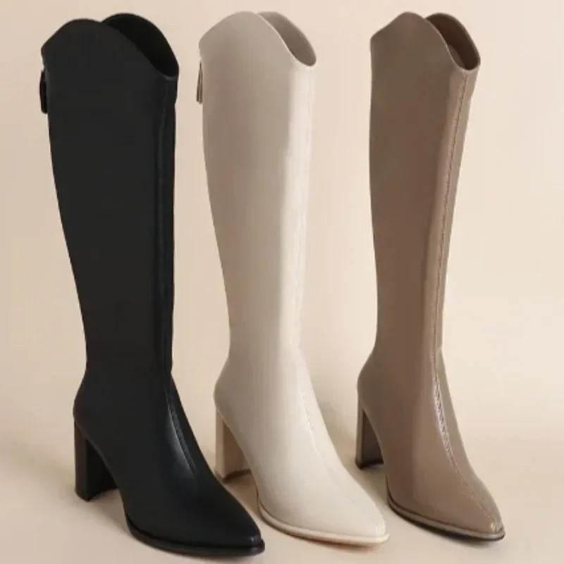 

Plus Size Women Boots Pointed Long Boots Zipper Thick High Heels Lady Knight Boots 2024 Winter Woman Modern Boot Knee High Botas