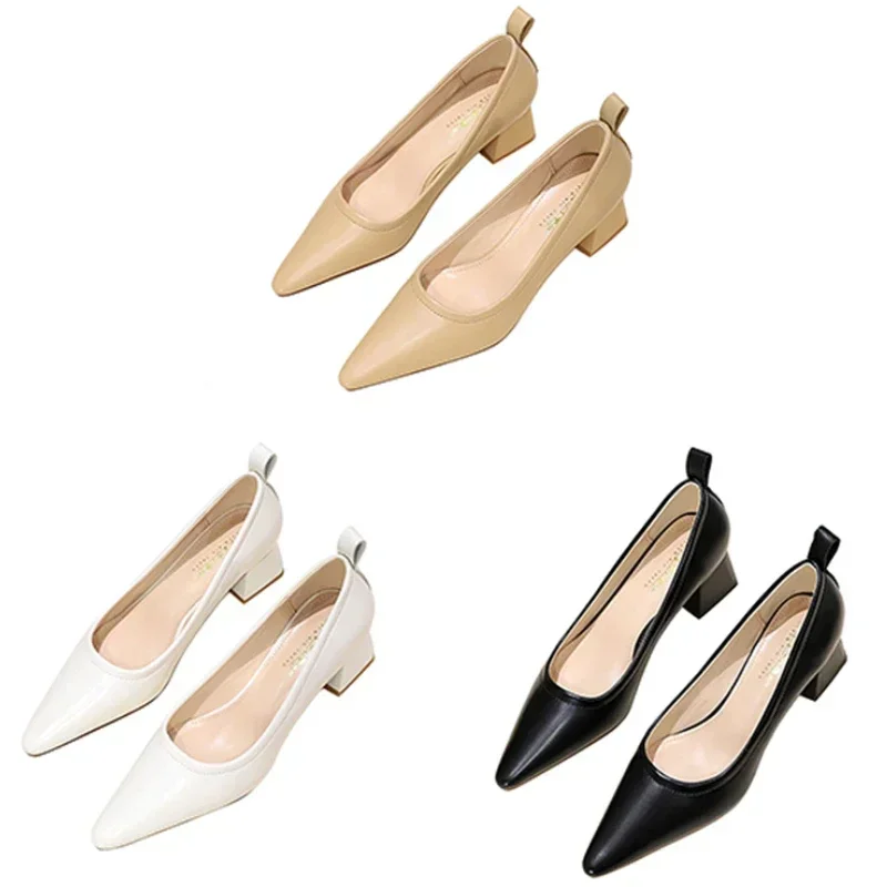 New Women 4.5cm High Heels Daily Soft Leather Pointed Toe Office Work Pumps Lady Khaki Mid Low Block Heels Outside Slip on Shoes