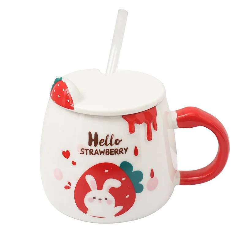 

380ml Cartoon Rabbit Ceramic Coffee Cups With Straw Creative Strawberry Student Breakfast Cup Christmas Day Gift