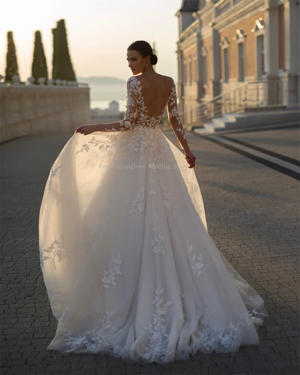 Gaun Pengantin Modern Lengan Panjang V-neck dengan Aplikasi Renda Model A-Line Buatan Khusus 2025 Vestido De Noival