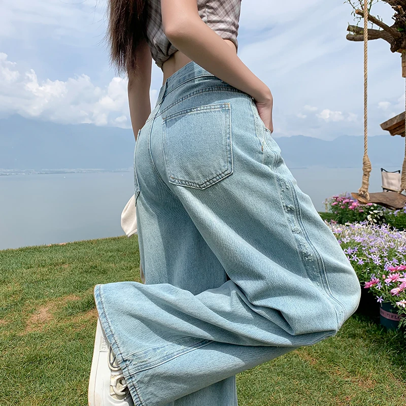 Jeans For Women Straight Leg Denim Pants 2026 Spring Fashion Wide Bottom Trousers Classic Blue Vintage Long Length Comfort Fit