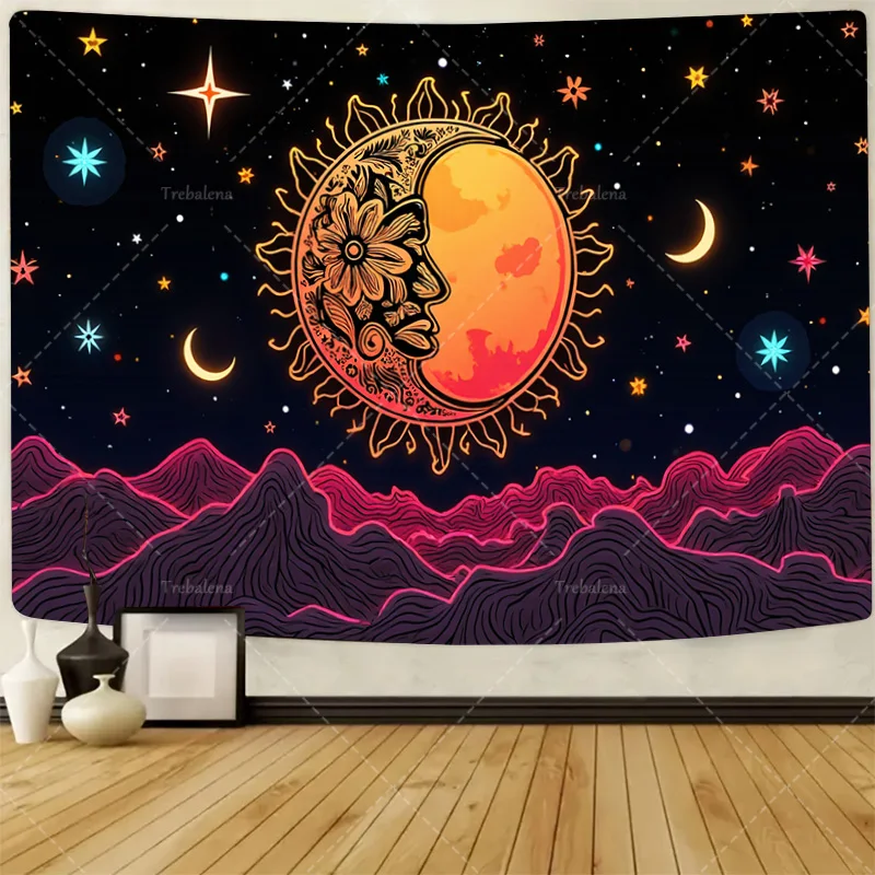 

1pc Wall Tapestry Psychedelic Sun Moon Tapestry with Starry Night Sky and Mountain Landscape