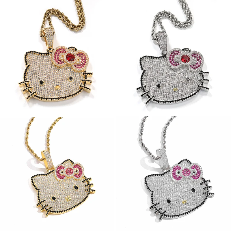 Sanrios Y2K Hello Kitty Pendant Necklace Kawaii Bling King Zircon Anime Jewelry Hip Hop Luxurious Upscale Birthday Festival Gift