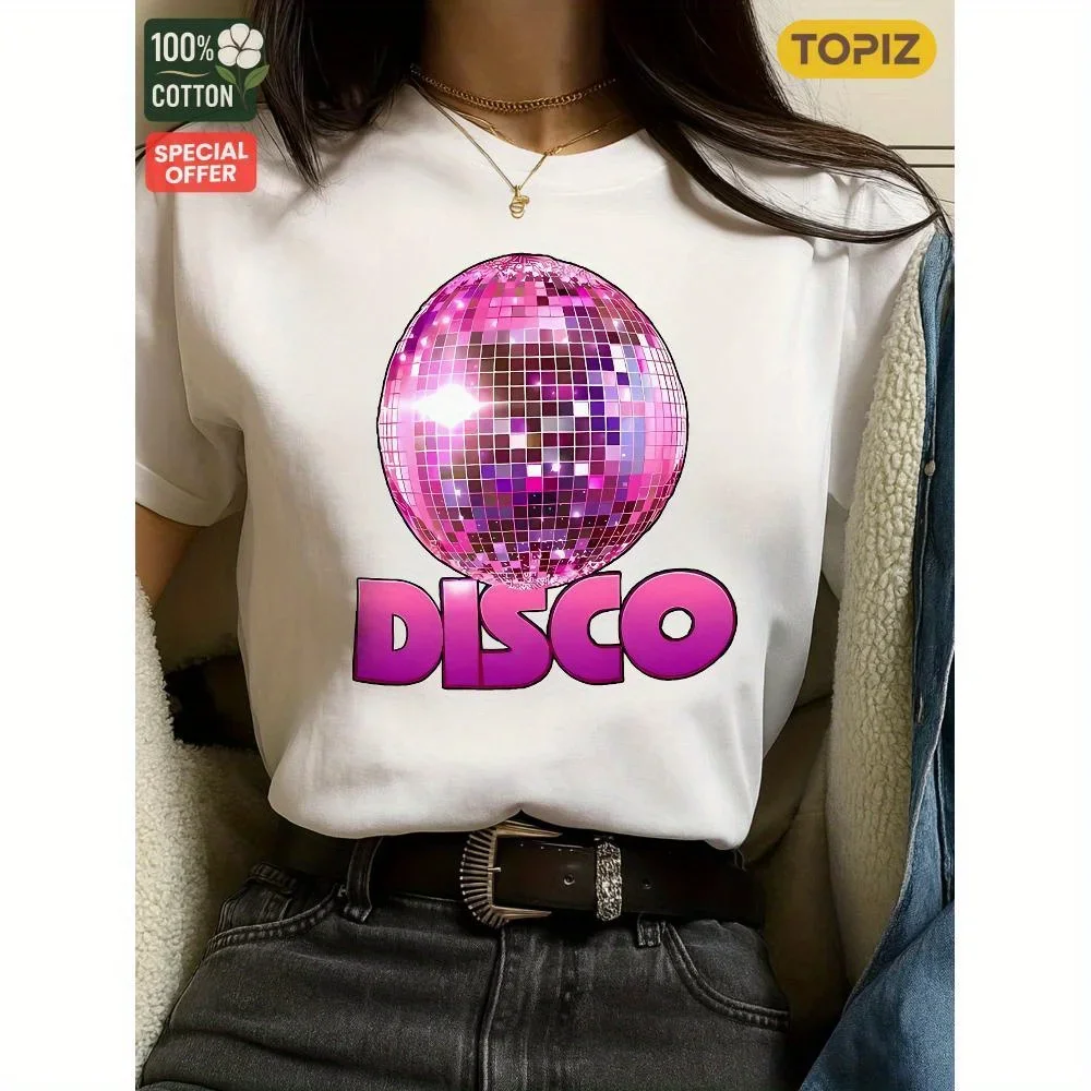 

Women's T-Shirt, Crew Neck Short Sleeve Casual Top, Graphic T-Shirt, Disco Ball with Pink Letters Clothing ,100% Cotton Tees