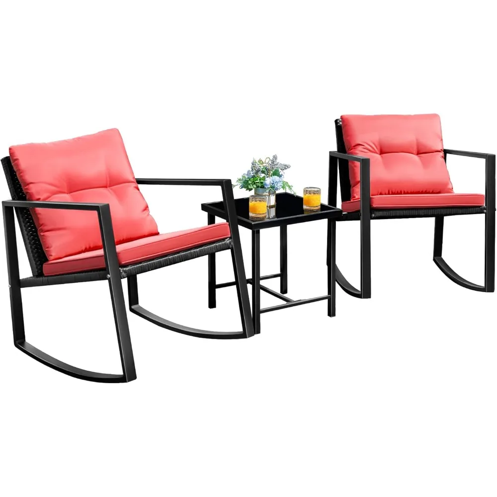 3 Pieces Patio Furniture Set Rocking Wicker Bistro Sets Modern Outdoor Rocking Chair Furniture Sets Clearance Cushioned PE