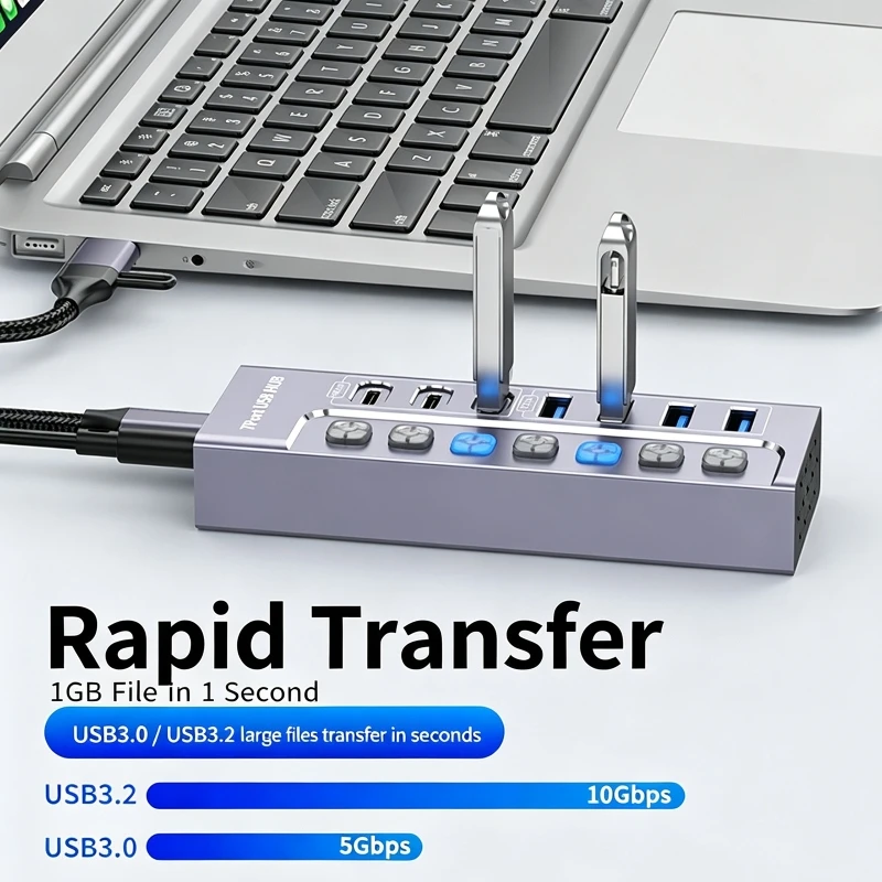 7-Port 3*Type-C 4*USB 3.0 Hub with Individual Switch Charging Data Transfer 7-Port Splitter 10Gbps PC Expansion Dock for Laptop
