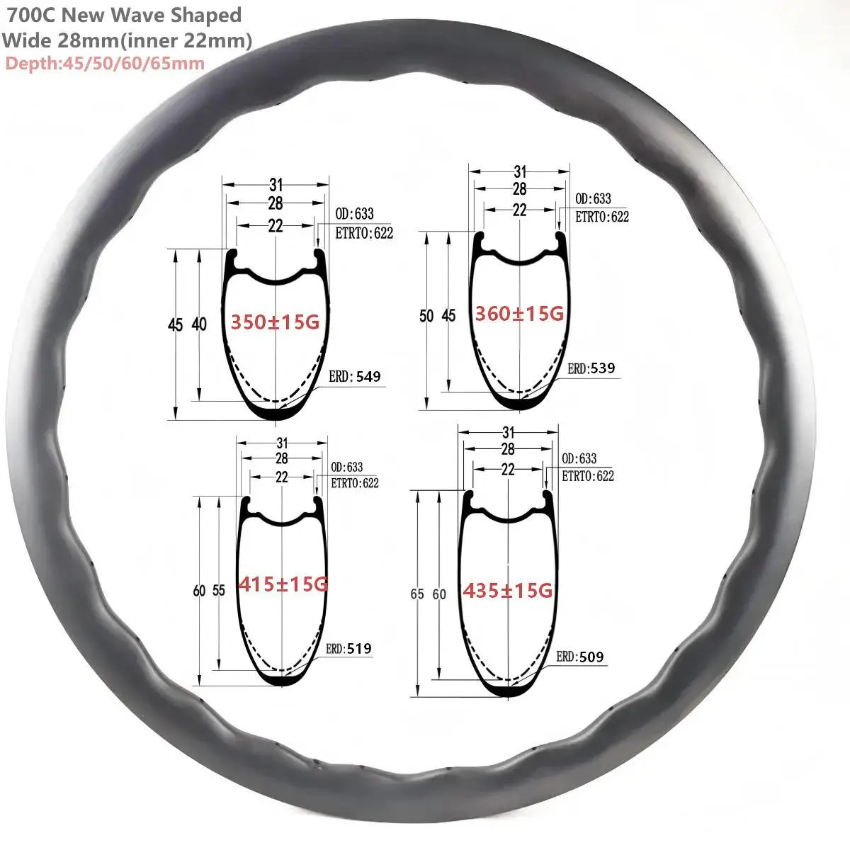 [CB28RCT5045SL] 360G 700C Szerokie 28mm karbonowe obręcze szosowe o falistej, symetrycznej konstrukcji, wysokość 40mm 45mm 50mm 60mm, obręcze szosowe karbonowe 700c