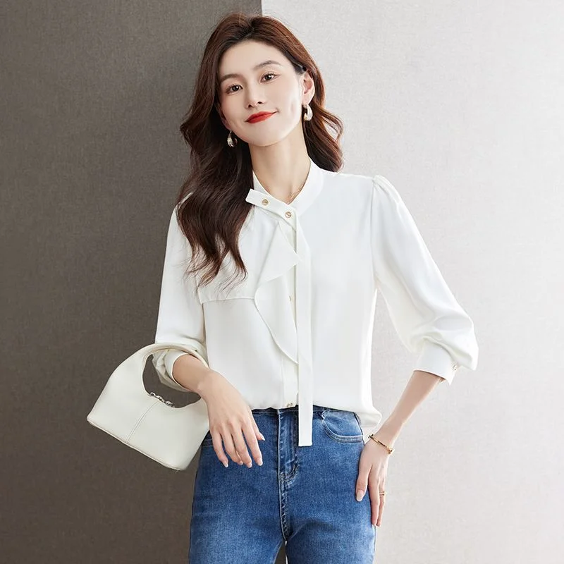 

Design Ruffled Shirt Niche Style Versatile Right Shoulder Chiffon Shirt Long Sleeves Casual Wear