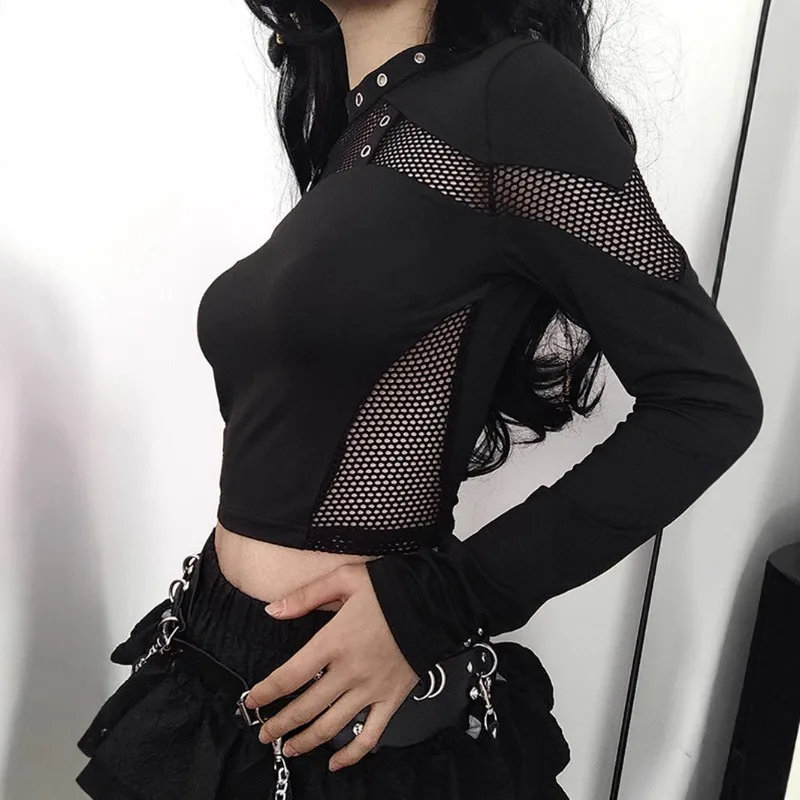 Tops Long-sleeved T-shirts Women's Autumn/Spring Gothic Punk Slim-fit Cut-out Mesh Patchwork Solid Colour Y2K Designer Youthful
