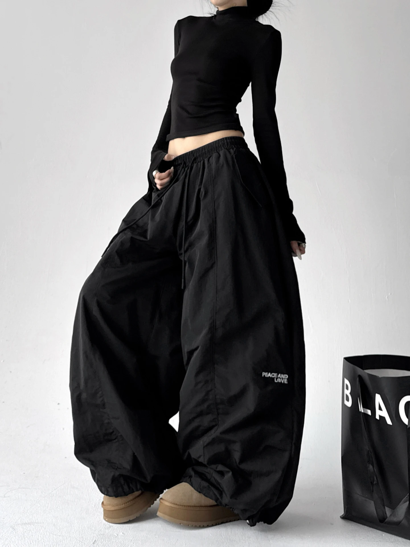 กางเกงคาร์โก้ทรงหลวมสไตล์อเมริกันเรโทรสำหรับผู้หญิง เอวสูง มีเชือกผูก ทรงหลวมสบายๆ ขาตรง