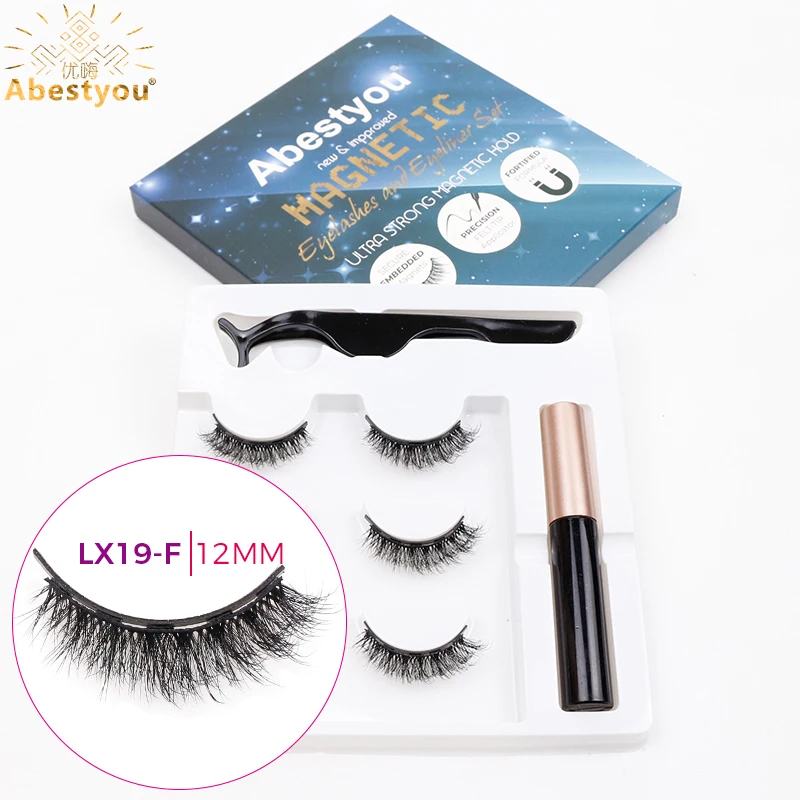 Abestyou 3pair Luxury 5d Mink Fluffy Natural 12-14mm Lashes Magnetic Eyeliner and Magnetic False Eyelashes with Applicator Kits