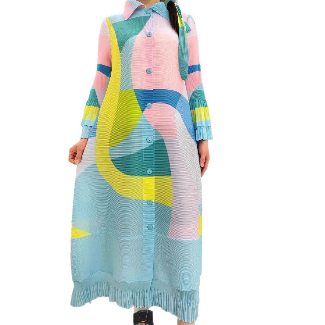 2025 Maxiจีบชุดผู้หญิงLapelเดี่ยวแขนยาวสีบล็อกพู่HemหลวมChicเสื้อผ้าฤดูใบไม้ร่วง