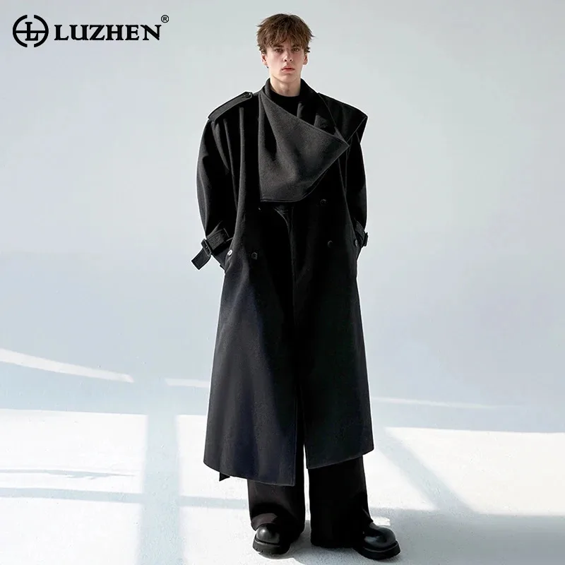 

LUZHEN 2025 New Fashion Luxury Elegant Temperament Knee-length Woolen Windbreaker Coat Men's Scarf Decorate Trench Jacket JY5149