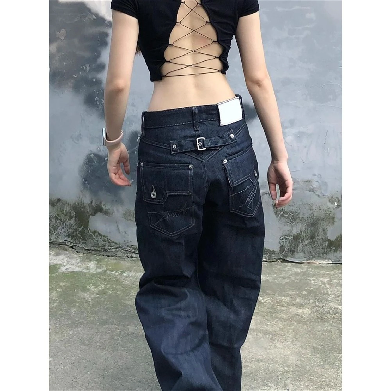 بنطلون جينز نسائي عالي الخصر وواسع الساق باللون الأزرق الداكن وجيب مطبوع عليه زهور وإبزيم خلفي وتفاصيل عتيقة مغسولة Y2K ملابس الشارع الشهير من قماش الدنيم #3