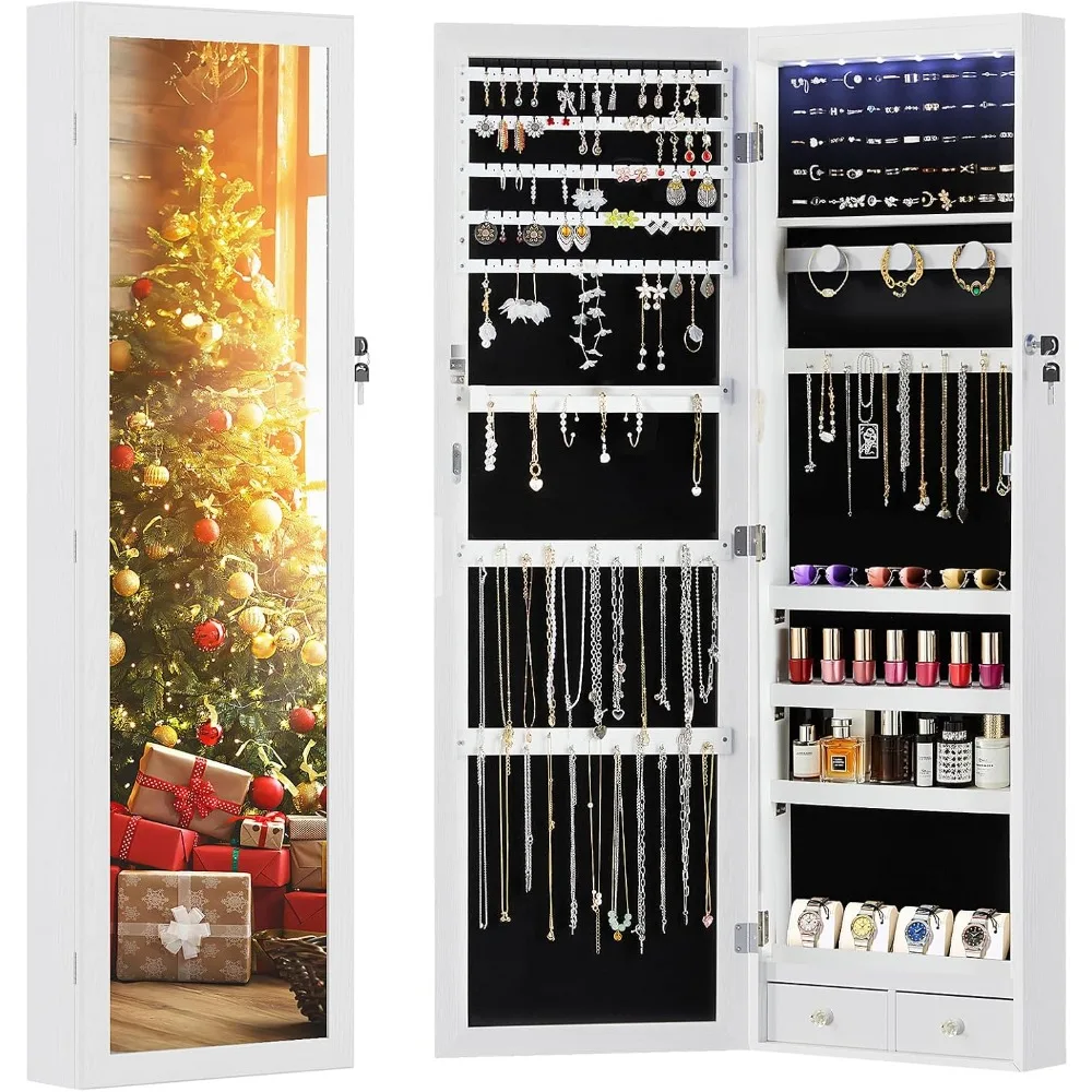 Jewelry Cabinet Organizer Wall or Door Mounted  47.2-inch Jewelry Armoire with Full-Length Mirror 6 LEDs Lockable