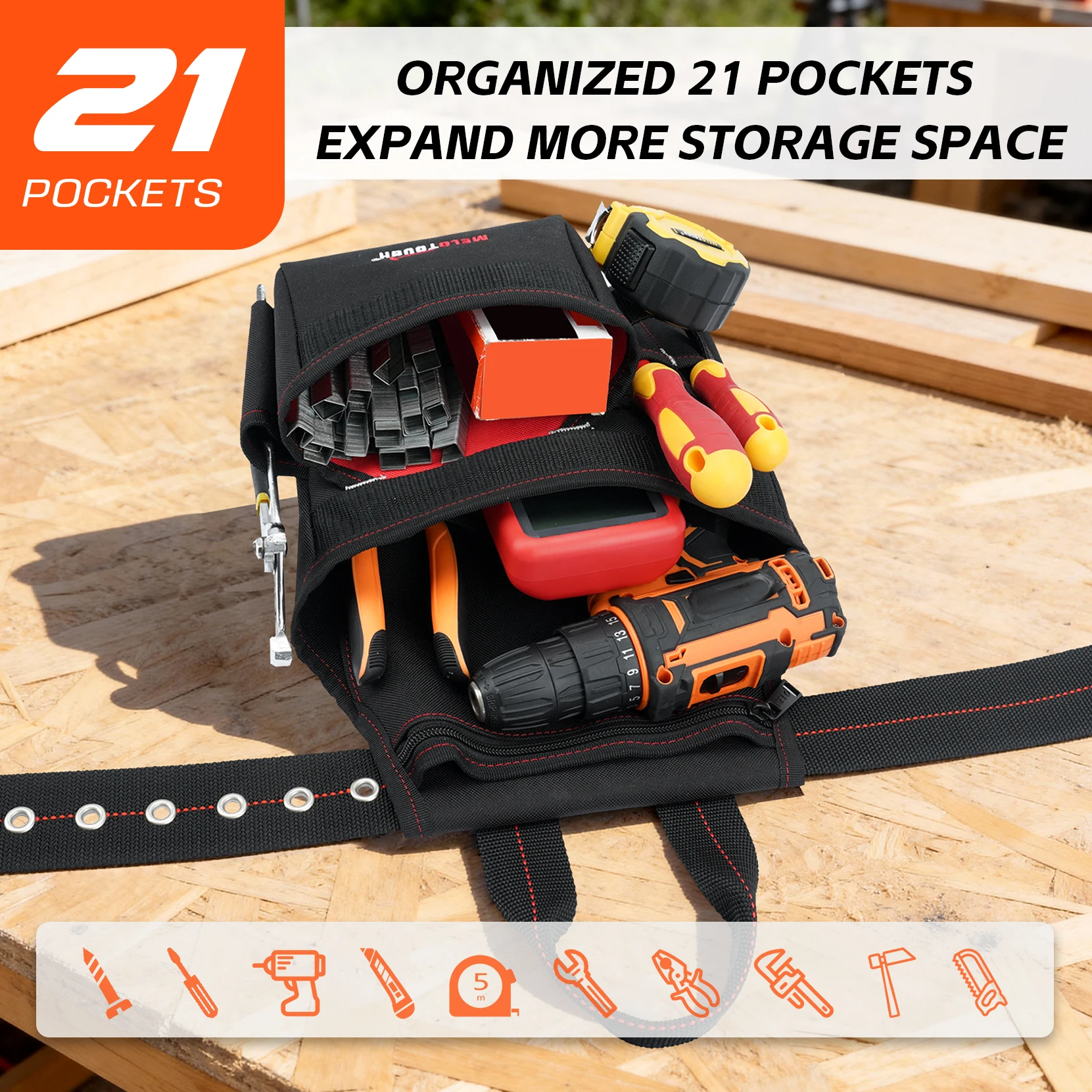 Ergonomic Tool Belt Apron Rig, 29 Pockets Heavy Duty Tool Pouch with Padded Suspenders & Back Support for Construction Workers