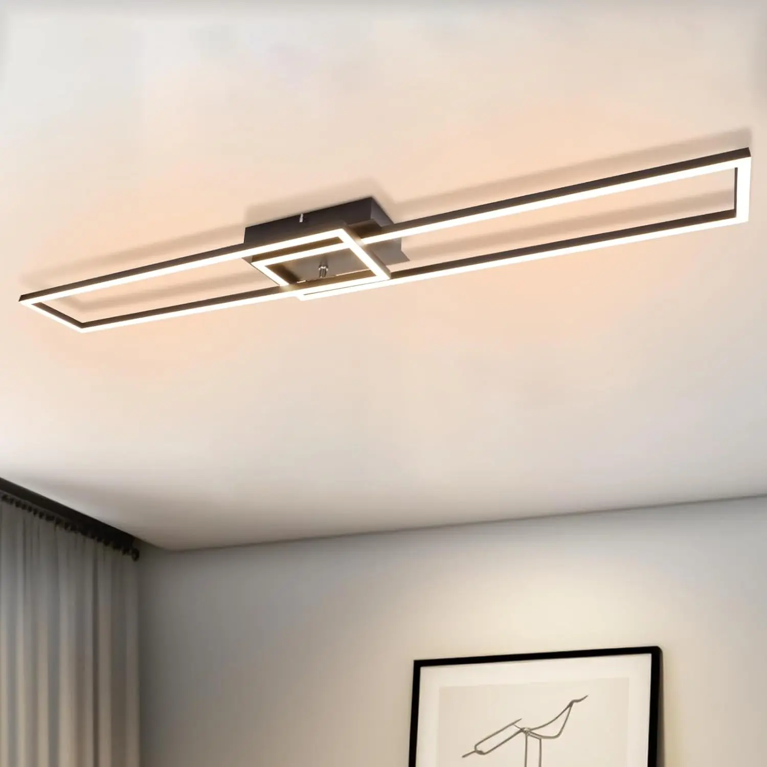 LED Deckenlampe Schlafzimmer Deckenleuchte - 2 Schwarz Rahmen Deckenbeleuchtung 3000K Warmweiß Modern Wohnzimmerlampe 32W Rechteckig Design Schlafzimmerlampe für Esszimmer Küche Flur